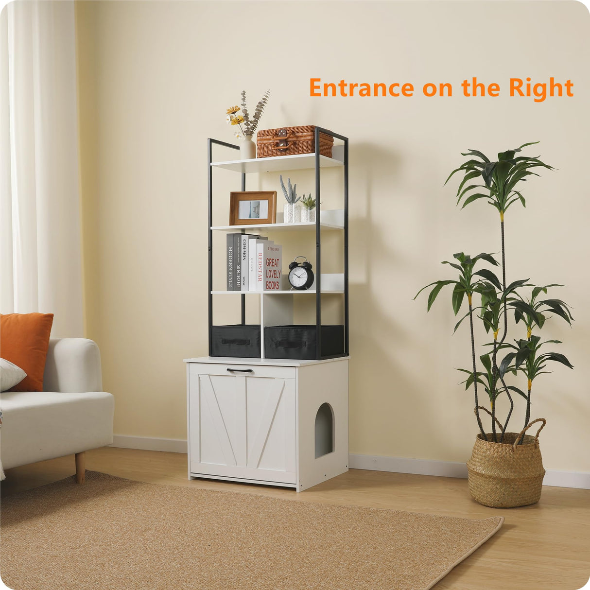 DWANTON Litter Box Enclosure with 3 Storage Shelves and 2 Drawers, 2-in-1 Hidden Cat Litter Box Enclosure Furniture with Shelf, Reversible Entrance, Washable Drawers, 61.8-Inch, White Dwanton