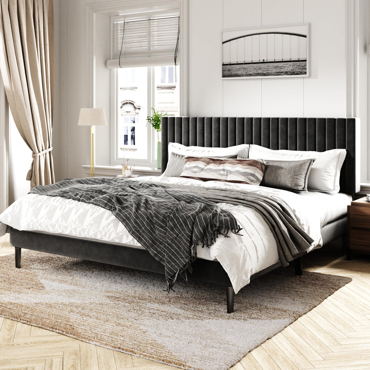 Sismplly King Size Bed Frame with Velvet Upholstered Headboard, Platform Bed with Strong Wood Slats, Mattress Foundation, Box Spring Optional, Easy Assembly, Black Sismplly