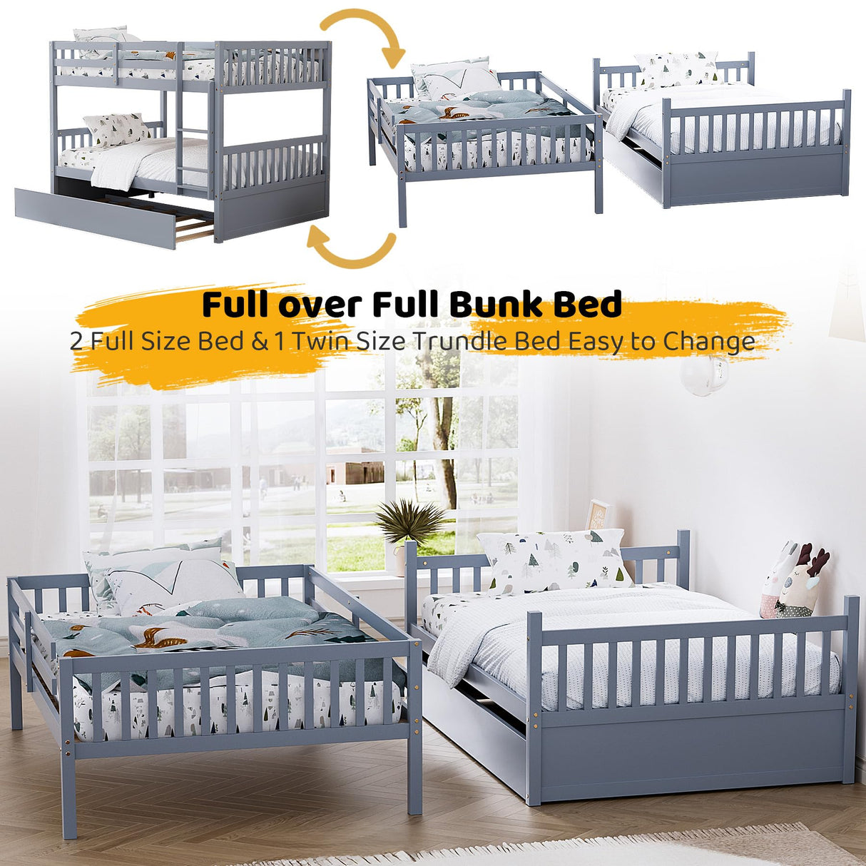 Rophefx Full Over Full Bunk Bed with Trundle, Wood Convertible Bunk Beds for Kids, Bunkbed Frame with Safety Rails and Ladders, Bunk Beds for for Adult, Teens, Grey Rophefx