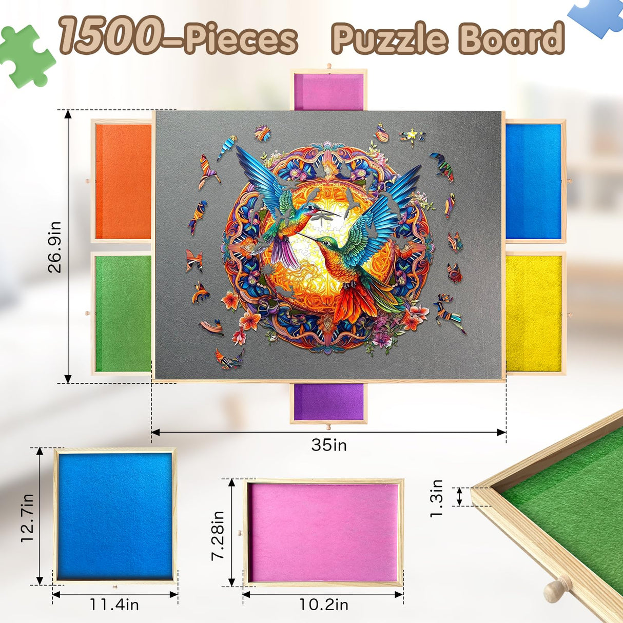 1500 Piece Rotating Wooden Puzzle Board with 6 Drawers & Cover,35” X 26” Jigsaw Puzzle Table Portable Wooden Puzzle Tables Gifts for Women Men Kids QUNPON