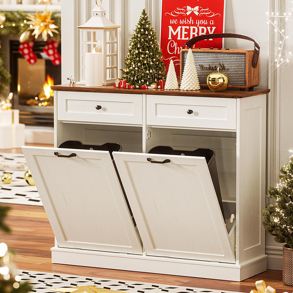 Spurgehom Double Tilt Out Trash Cabinet 13 Gallon Kitchen Waste Bins, Laundry Hamper Tilt Out Pet Proof Hidden Trash Bin for Kitchen, Antique White Spurgehom