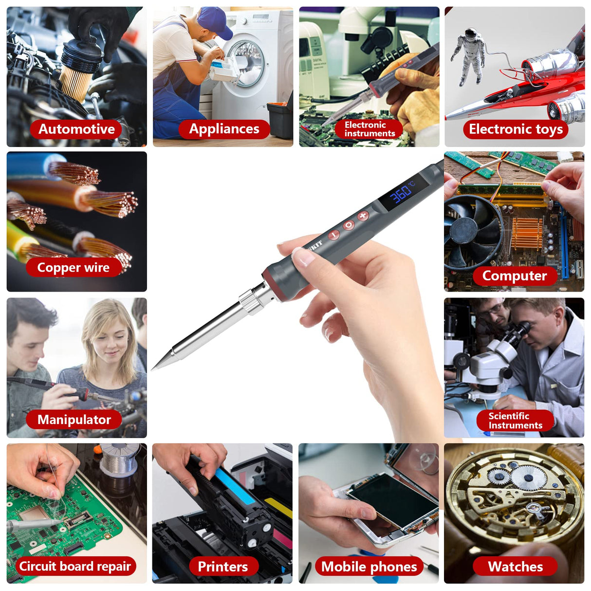 Solder Iron, 200W 110V Soldering Iron Digital Soldering Kit for Soldering, 6-in-1 Solder Iron Kit Welding Tool, Adjustable Temperature from 180 to 480℃, 3 solder tips, Solder wire, Solder Iron Stand HANDSKIT