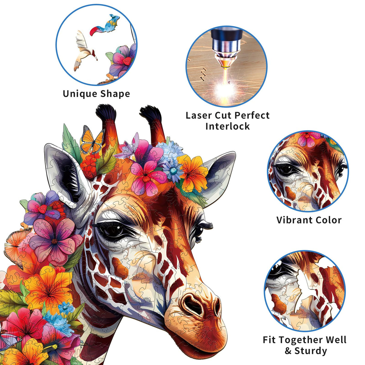 Woodemon Wooden Puzzles for Adults, Flowers and Giraffes (M-170pcs) Wooden Jigsaw Puzzles Kids, 11.6 * 9.9in Unique Shaped Animal Wood Puzzles Adults, Fathers Birthday Family Games Woodemon
