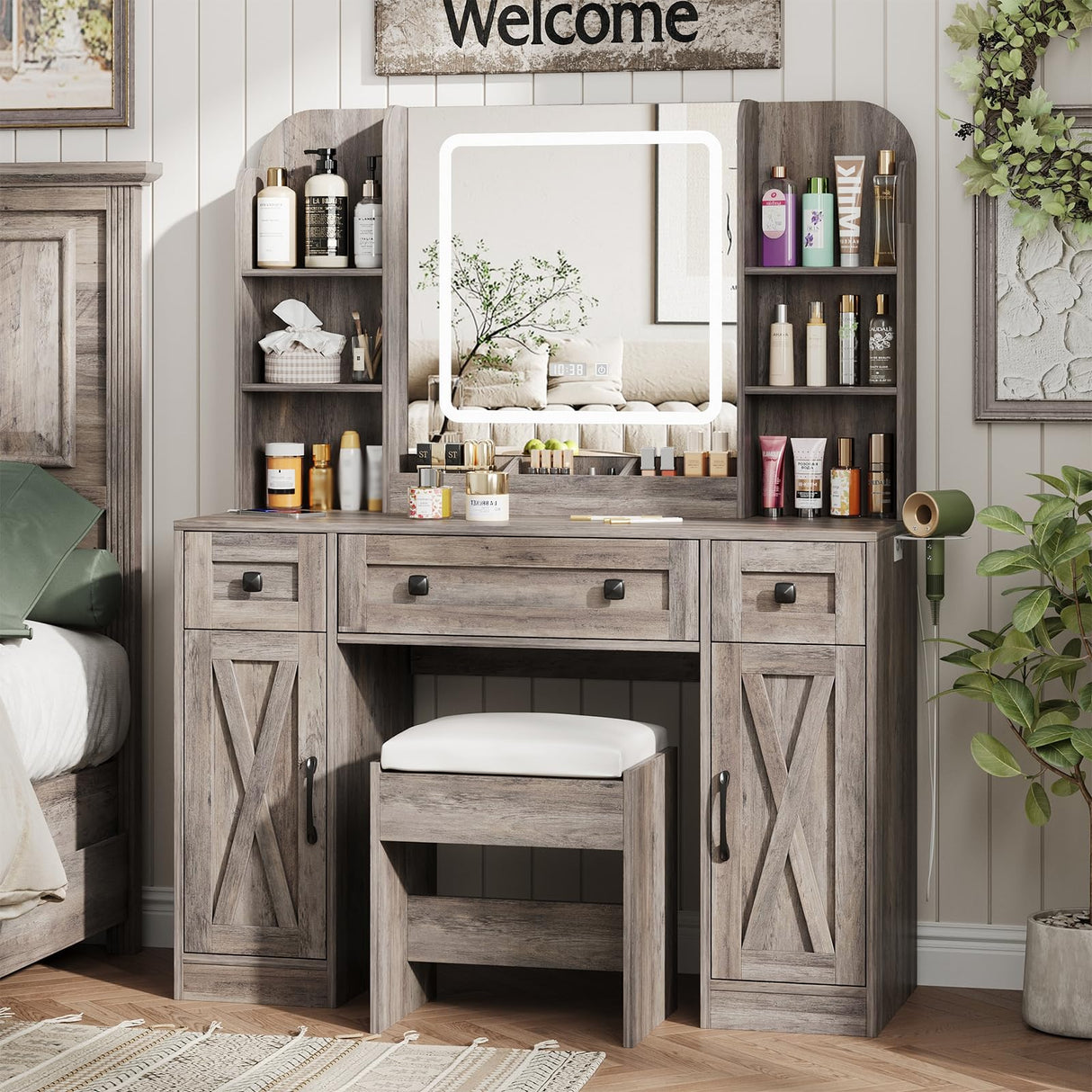 Vabches Makeup Vanity Desk, Vanity Mirror with Lights Desk and Chair,Makeup Table with 3 Large Drawers and 2 Cabinets, Time and Temperature Display, 3 LED Lighting Modes Adjustable, Grey Vabches