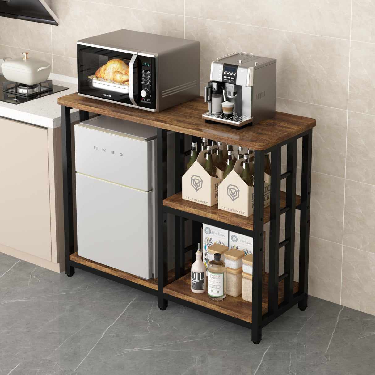 4-Tier Kitchen Baker's Rack, Mini Fridge & Microwave Oven Stand Table, 5 Tiers Coffee Bar Table, 20-29-37 Gallon Fish Tank Stand, Kitchen Organizer Shelf for Spices/Utensils Foods(Rustic Brown) BINGO CHERRY