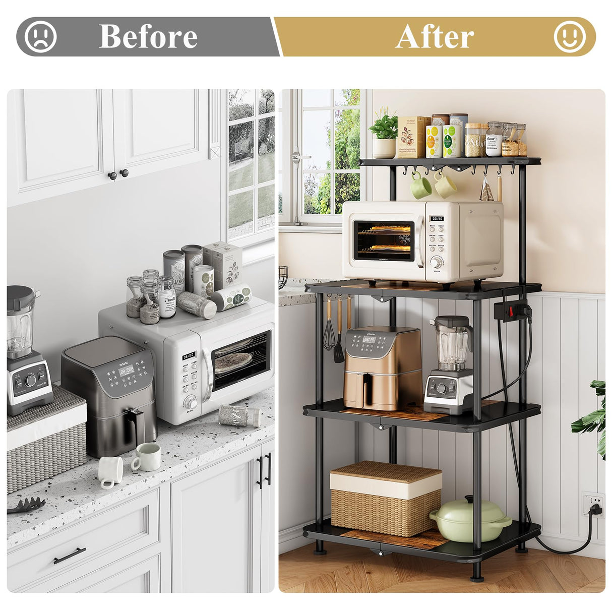 Kitchen Bakers Rack with Power Outlet - Easy & Tool-Free Assembly, Adjustable Coffee Bar Station 4 Tiers, Microwave Stand with 12 Hooks, Brown SNTD