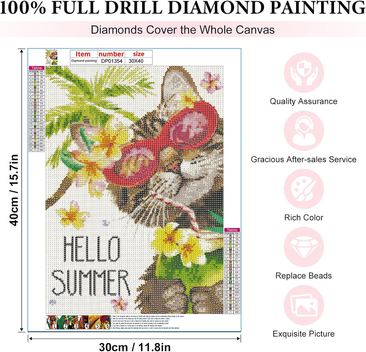 EIBEILI Cat Diamond Art Kits for Adults,5D Summer Diamond Painting Kits for Beginners,DIY Round Full Drill Painting with Gem Art Craft Kits for Home Wall Decor 12x16inch EIBEILI