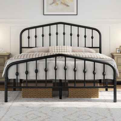 Elegant Victorian-Style Black Metal Queen Bed Frame with Crown Headboard and Easy Assembly