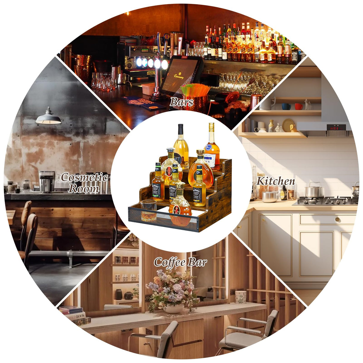 Yuzehuaza 4 Step Countertop Liquor Bottle Display Shelf, Wood Bar Shelves 16 Bottles with Fences, Freestanding Storage Shelves for Liquor Whiskey Wine Coffee Syrup Display, Retro Wine Rack Home Yuzehuaza