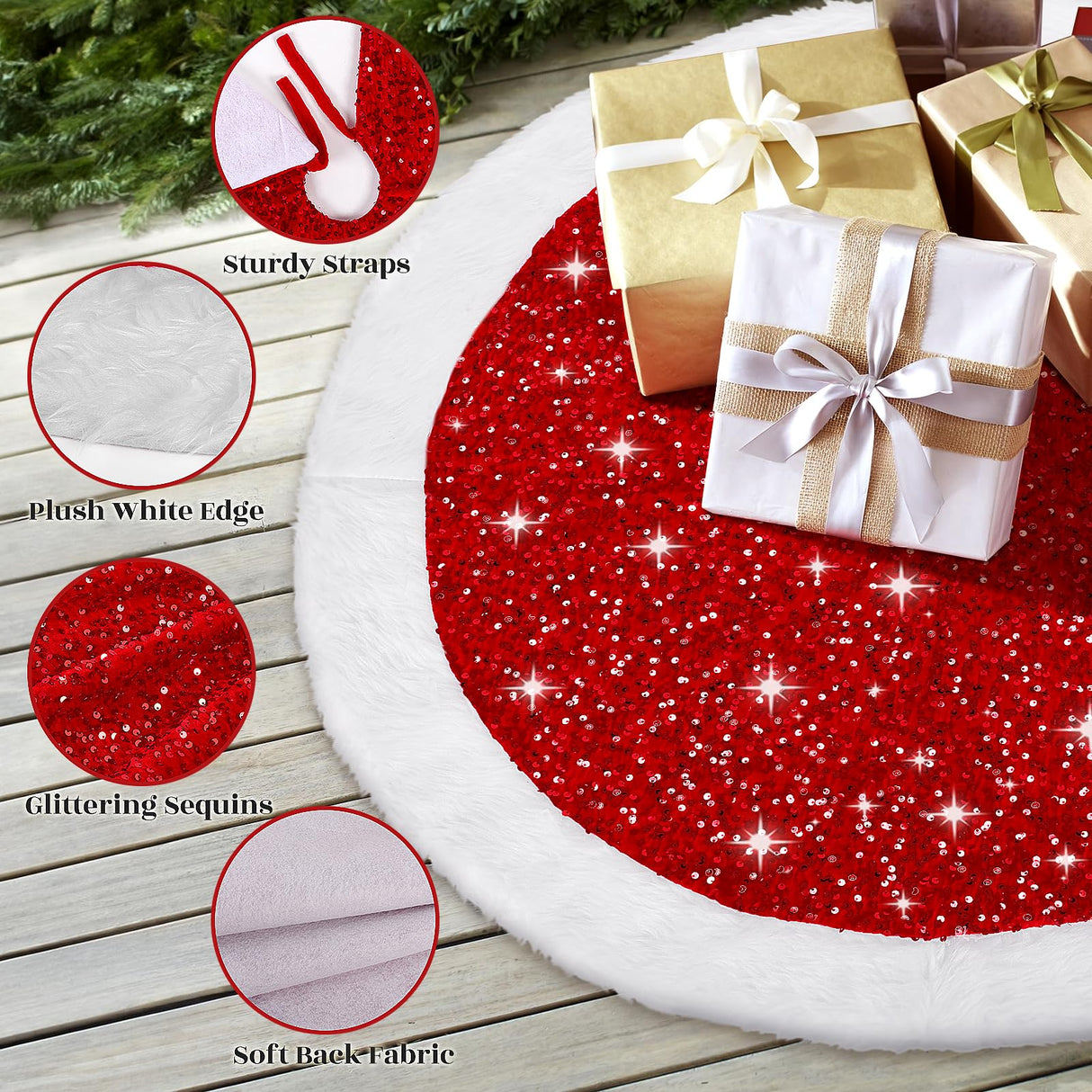 EverMerry Christmas Tree Skirt, Christmas Skirt Tree for 6ft Tree, 36 inches Thick Red Velvet with Sequin and White Plush Tree Skirts for Christmas Tree and Holiday Party Decorations EverMerry