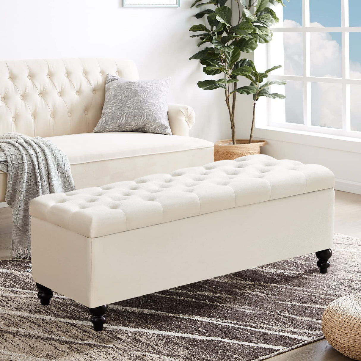 Storage Ottoman 50.2 Inches Upholstered Fabric Storage Ottoman Bench,Button Tufted Ottoman with Storage for Living Room,Bedroom End of Bed Bench Withstands 304lbs (Ivory) Living&Giving
