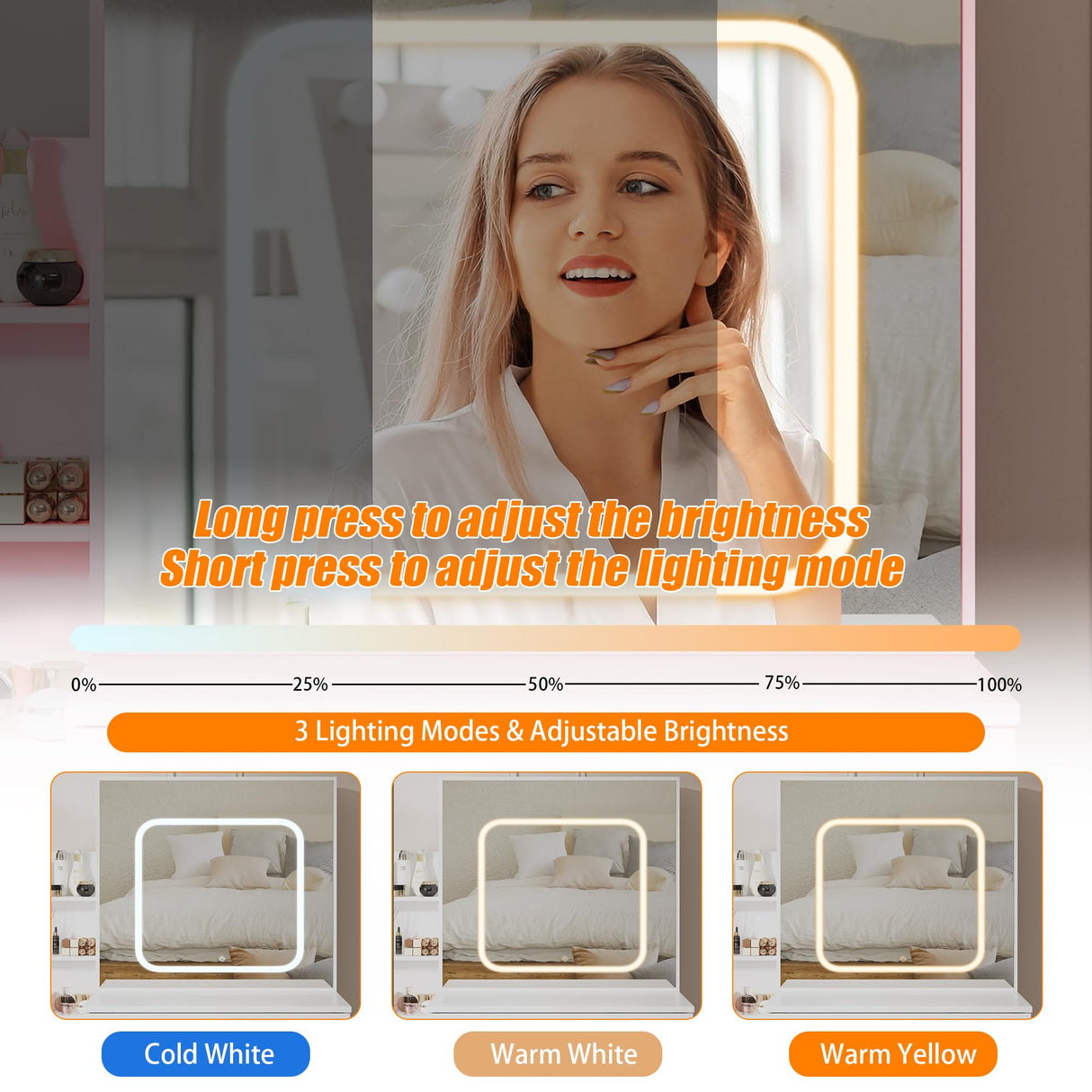 Patikuin Vanity Desk with Mirror and LED Lights, Makeup Vanity Desk with Sliding Lighted Mirror, Power Outlet, Dressing Table with 4 Drawers, Storage Shelves & Cushioned Stool for Bedroom, Pink Patikuin