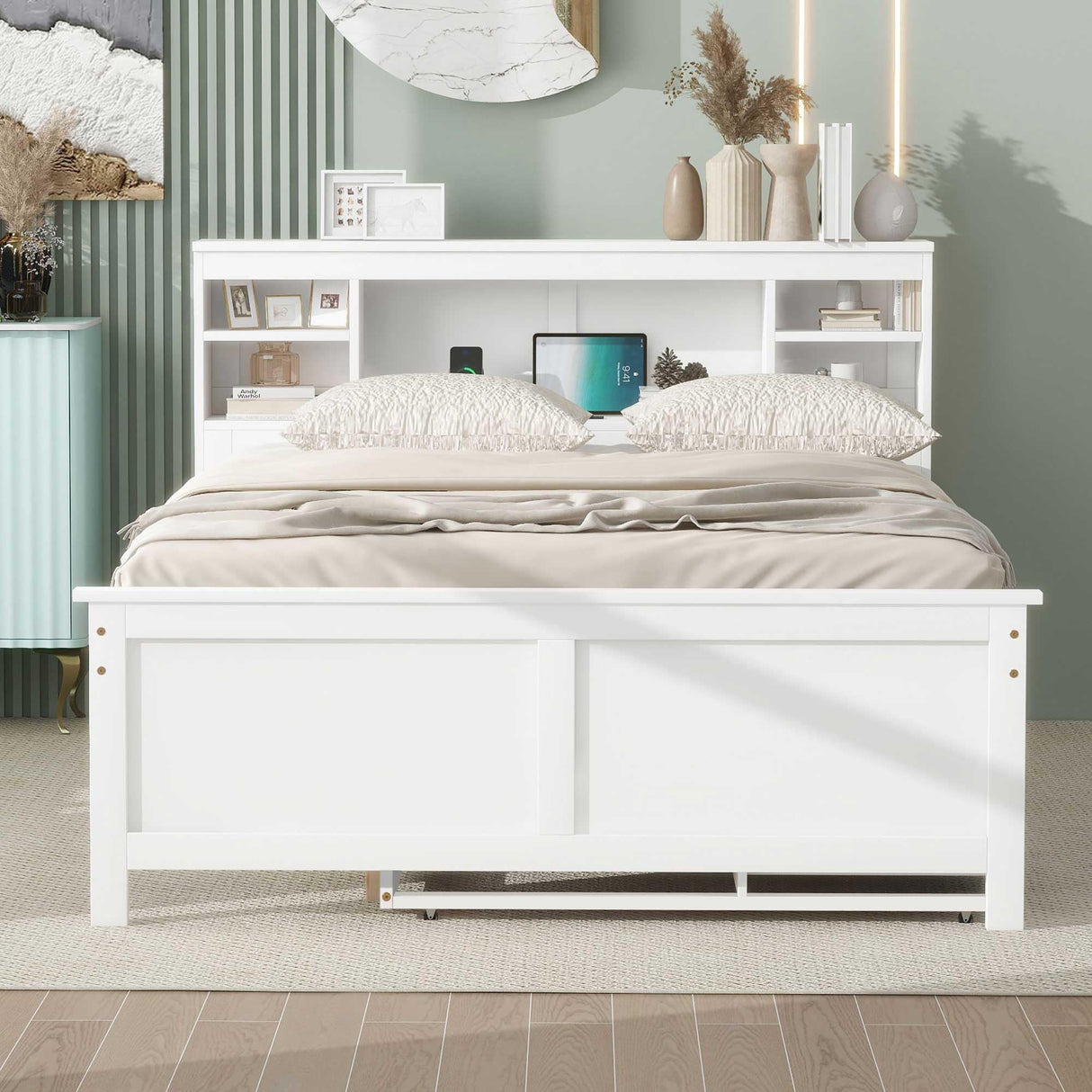 Merax Full Bed Frame with Shelves Headboard and Storage, Teens Wooden Full Size Low Platform Bed with Trundle& Drawers&USB Charging for Bedroom, White Merax