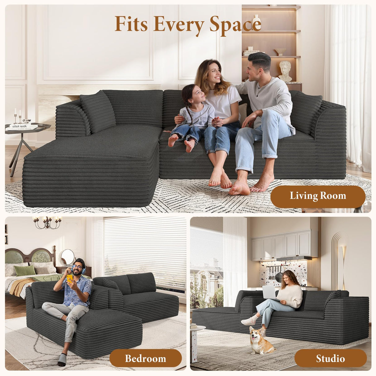 Vesgantti 106" Boneless Couch with Chaise, Deep Seat Comfy Cloud Modular Sofa Corduroy Memory Foam Sectional Couches for Living Room Bedroom, No Assembly Required (Grey, Left-Facing Chaise) Vesgantti