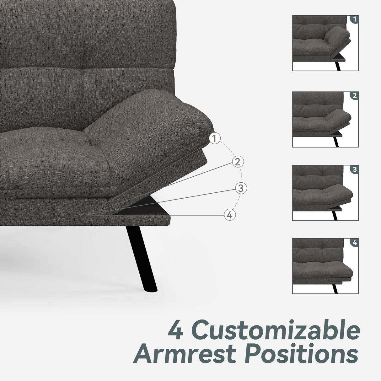 Vyfipt Convertible Futon Sofa Bed, Grey Linen Futon Couch with Adjustable Backrest & Armrests, Folding Small Recliner Sleeper Sofa Bed for Living Room, Apartment, Office Vyfipt
