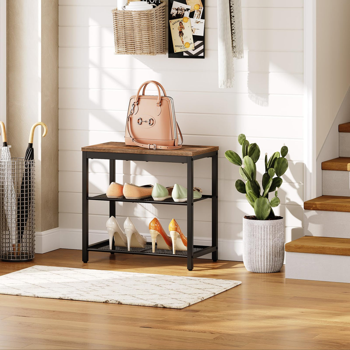HOOBRO Shoe Bench, 3-Tier Shoe Rack, Industrial Shoe Organizer Storage Bench, 19.7 inches Entry Bench with Mesh Shelves, for Entryway, Living Room, Hallway, Easy Assembly, Rustic Brown BF50HX01 HOOBRO