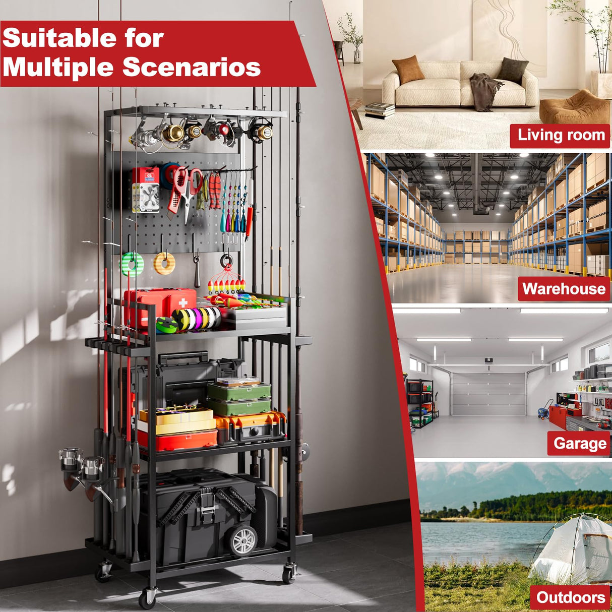 Fishing Rod Holders for Garage, Fishing Rod Storage Rack with Hooks & Wheels, Fishing Pole Holder Organizer, Tackle Box & Reel Storage Black SEEAHEAD