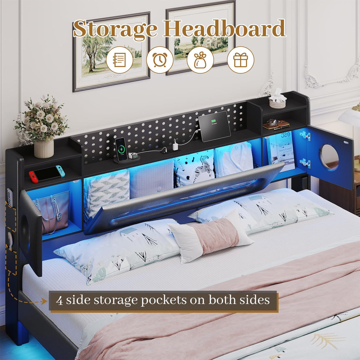 BYSAUD King Size Bed Frame,Floating Bed Frame with Storage Headboard & LED Light,Floating bed Frame King with Charging Station,King Bed with Bookcase Headboard,No Box Spring Needed,Noise-Free PU Black BYSAUD