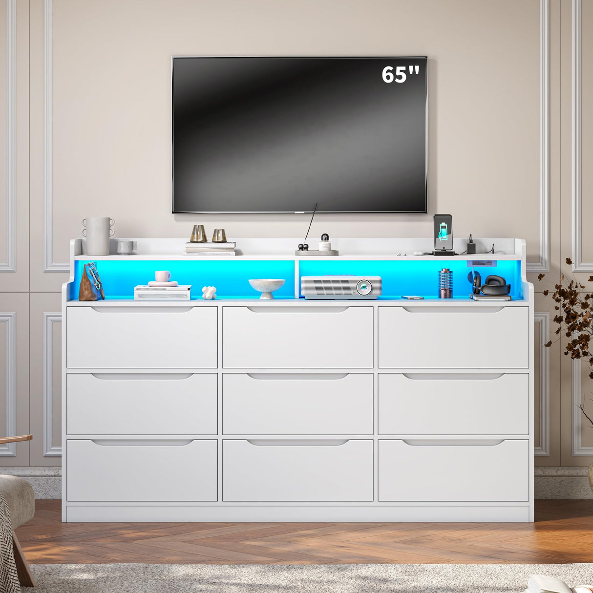 DurayLoly Modern Dresser for Bedroom with LED Light, 9 Drawer White Dresser with Charging, Wooden Chest of Drawers, Large TV Stand for Bedroom DurayLoly