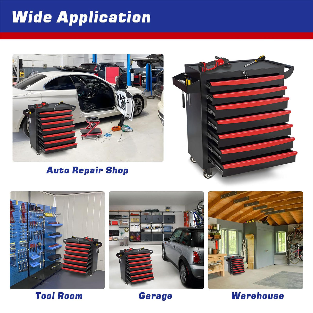 MHEOMTME Rolling Tool Chest with Drawers, Craftsman Tool Box Organizer, Toolbox Cabinet with Keyed Locking System, 7 Drawer Tool Storage Cart on Wheels for Garage, Workshop and Repair Room, Black MHEOMTME