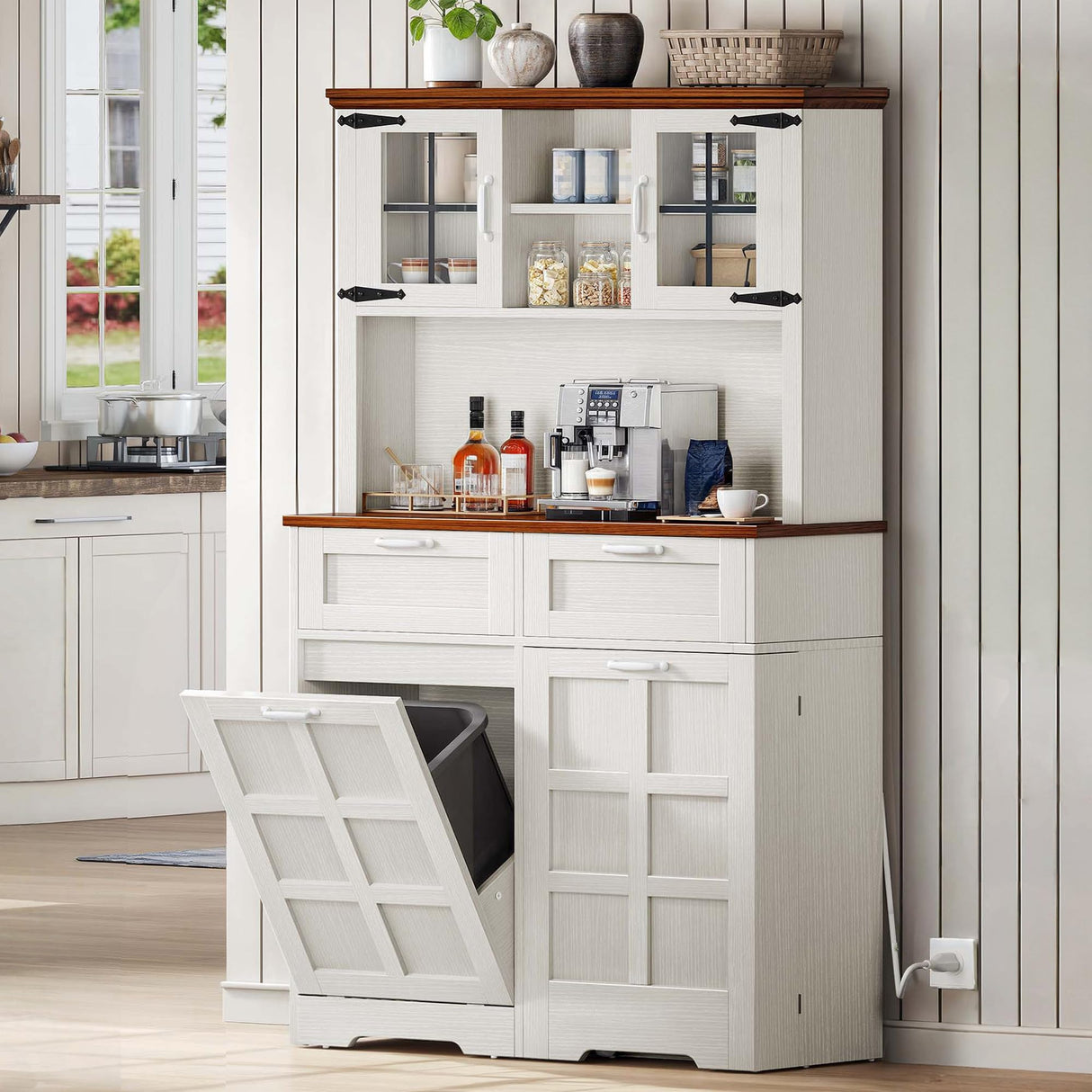 DWVO Kitchen Pantry Cabinet, 70" Tall Farmhouse Freestanding Kitchen Storage Cabinets with 10 Gallon Tilt-Out Trash Can Cabinet,2 Drawers, Microwave Coffee Bar for Living & Dining Room, White Walnut DWVO