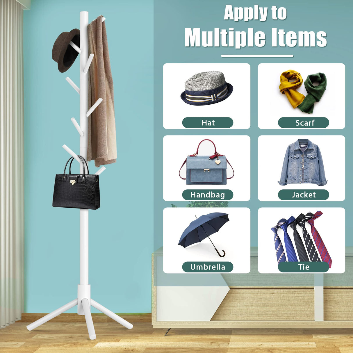 Haddockway Wooden Coat Rack Stand with 8 Hooks New Zealand Pine 3 Adjustable Coat Standing Tree Easy Assembly for Coats, Hats, Scarves and Handbags for Entryway, Hallway, Bedroom, Office, white Haddockway