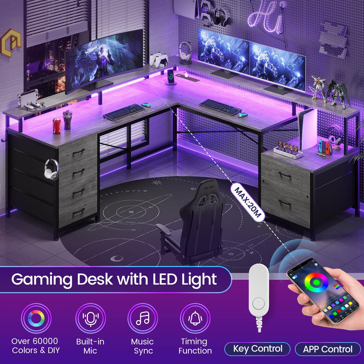 SEDETA L Shaped Desk with 6 Drawer, 108" Home Office Desk with File Drawer & Power Outlet, Corner Computer Desk with Monitor Shelf, Two Person Desk, Gaming Desk with Led Lights, Grey SEDETA
