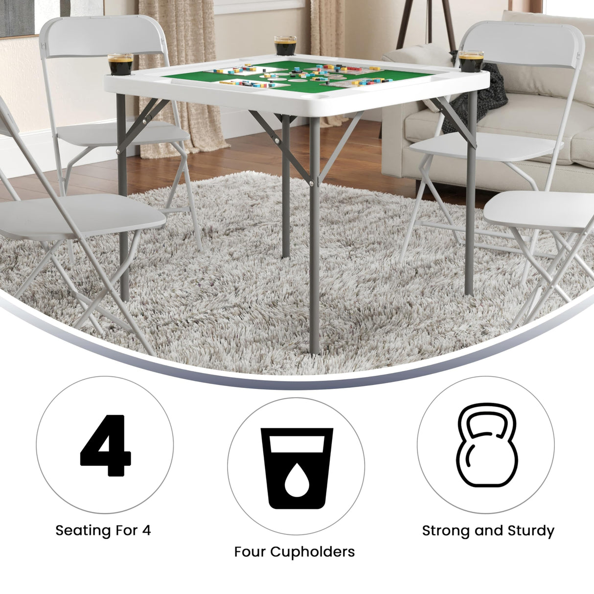 Flash Furniture Silas 34.5" Square Folding Card Table with Felt Green Surface and Cup Holders, Portable Folding Game Table for 4 Players, White/Green Flash Furniture