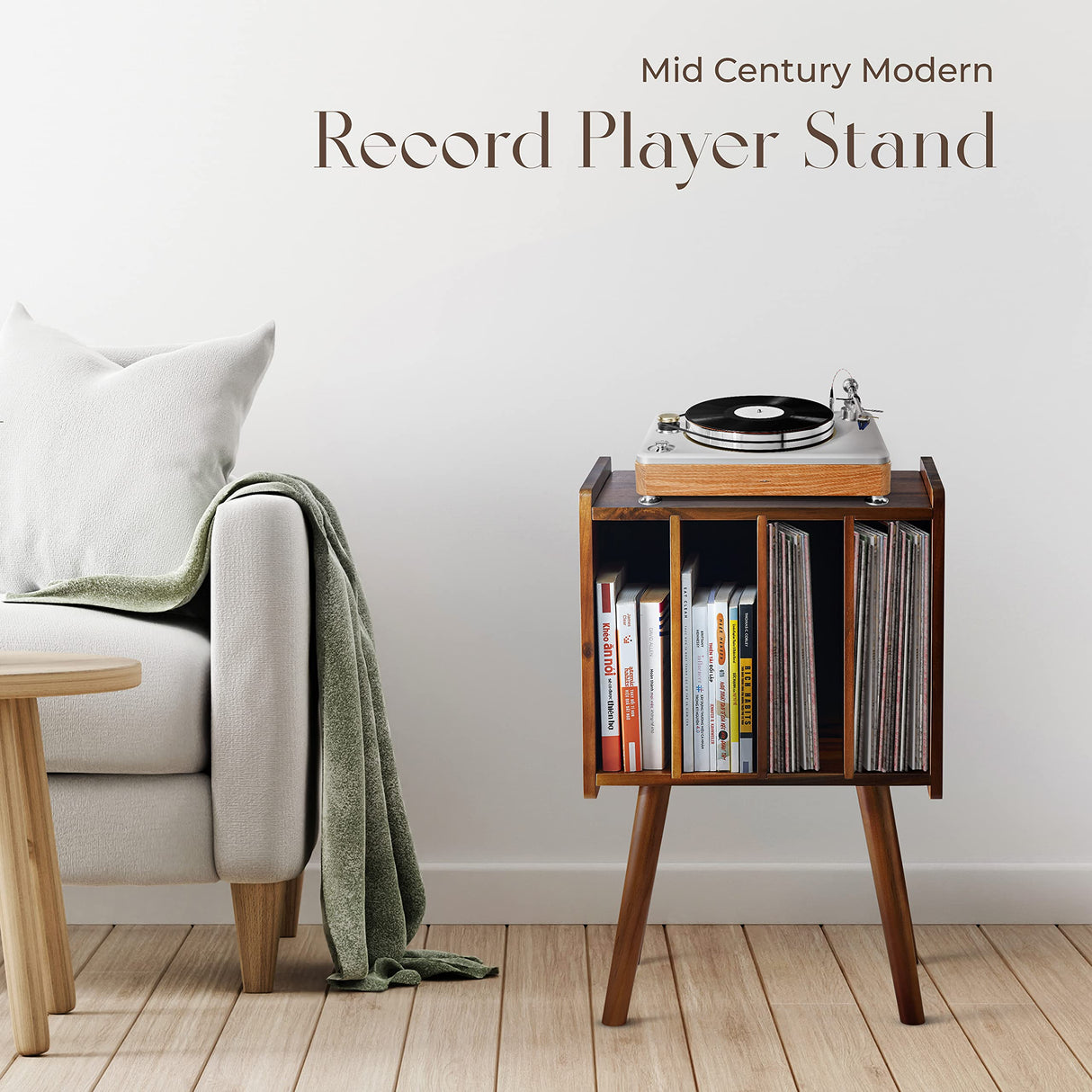 2BHOME Wooden LP Record Player Stand with 4 Cabinets, Holds up to 100 Vinyls, Metal Record Storage Holder and Organizer Table, Classical Design for Files/Book (Mid-Century Modern) 2BHOME