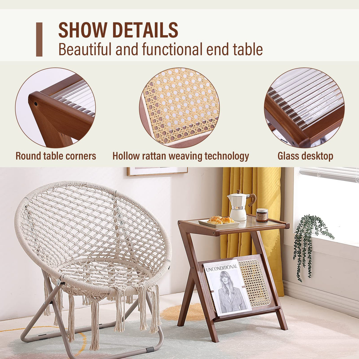 Tiita Rattan Side Table, Mid Century Nightstand, Bamboo Accent Bedside Tables, Glass Coffee Tables, Boho Wooden End Table with Storage for Small Space, Living Room and Bedroom Tiita