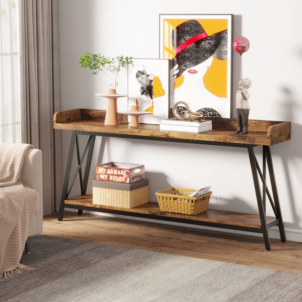 LITTLE TREE 70.9 Inch Retro Brown Console Table - Narrow Entryway & Behind Couch Accent Table LITTLE TREE