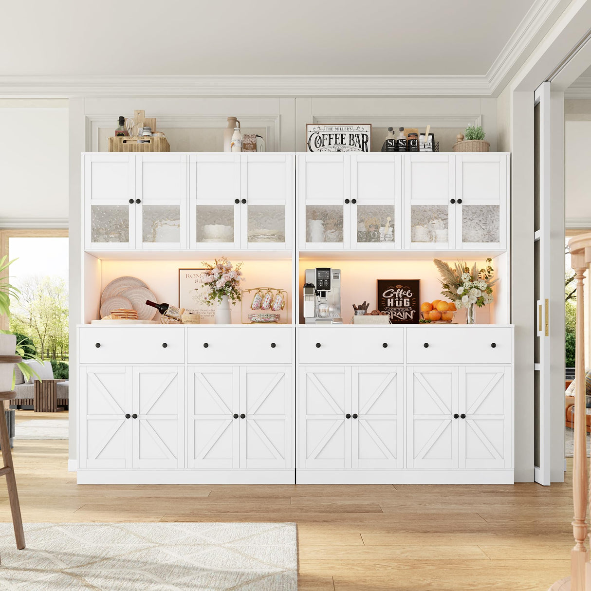 FINETONES 71" Pantry Cabinet with LED Light and Charging Station, Farmhouse Kitchen Pantry Cabinet with Microwave Stand, 47.2" Wide Kitchen Hutch Food Pantry with Open Countertop, White FINETONES