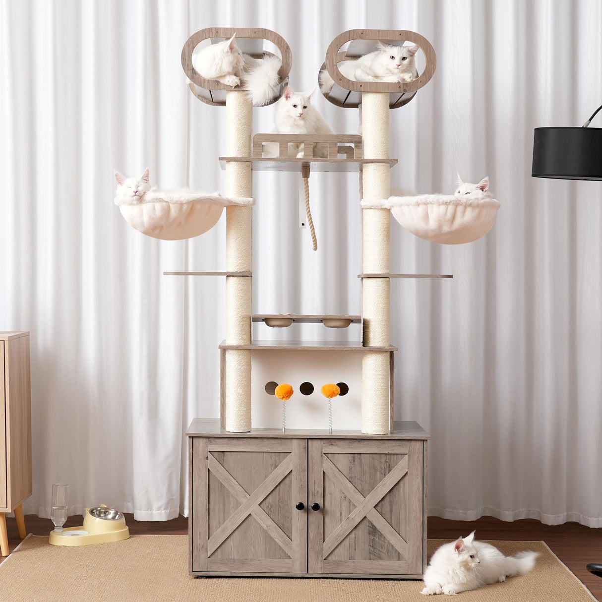 Heybly Cat Tree with Litter Box Enclosure, 76.8-inch Wooden mainecoons Cat Tower with Food Station,Extra Large Platforms, Modern Big Cat Condo Furniture with All-sisal Scratching Post, Greige HCT111SG Heybly