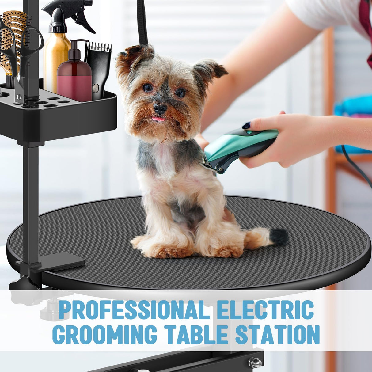 PullaFun 24" Electric Dog Grooming Table, Adjustable Overhead Arm Dog Grooming Table, Rotating Desktop Pet Grooming Table, Suitable for Household Dogs, Non-Slip Table, Black PullaFun