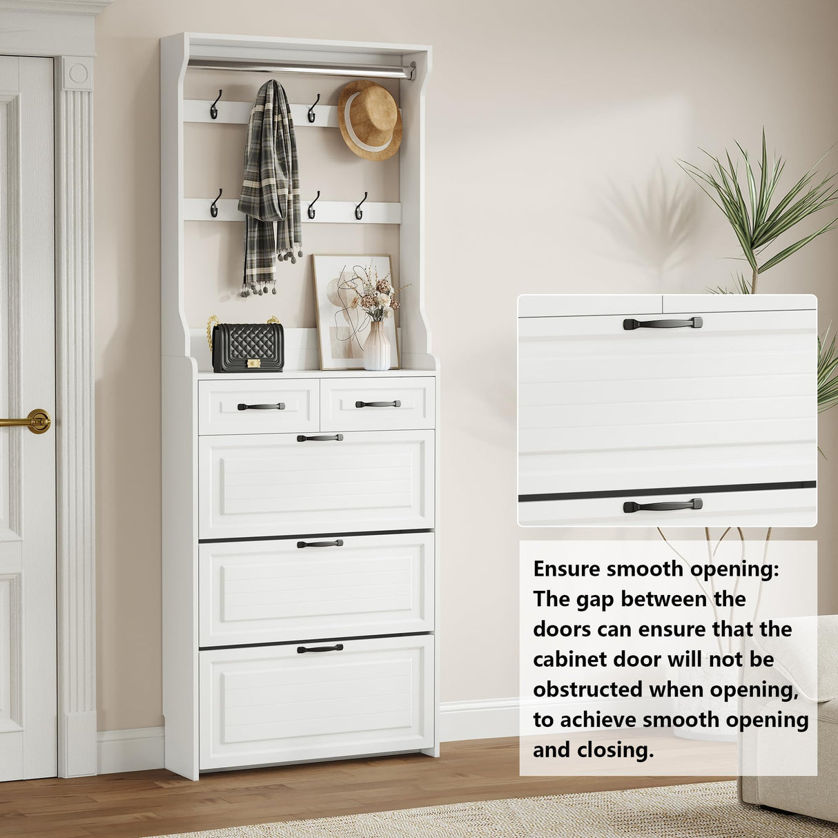 Betoko Hall Tree with Shoes Storage,Farmhouse Entryway Coat Rack Wooden Mudroom Hallway Tree Bench Corner Tree Cabinet with 8 Coat Hooks & 3 Shoes Cabinets & 2 Drawers(White) Betoko