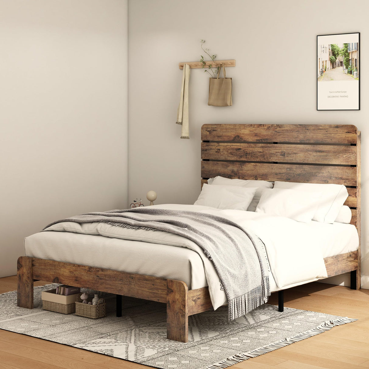 Queen Size Wooden Bed Frame with Headboard, Rustic Farmhouse Style Sturdy Bedframe with Wooden Slat Support, Noiseless, Easy to Assemble, No Spring Mattress Required. (Light Brown, Queen) QNICE