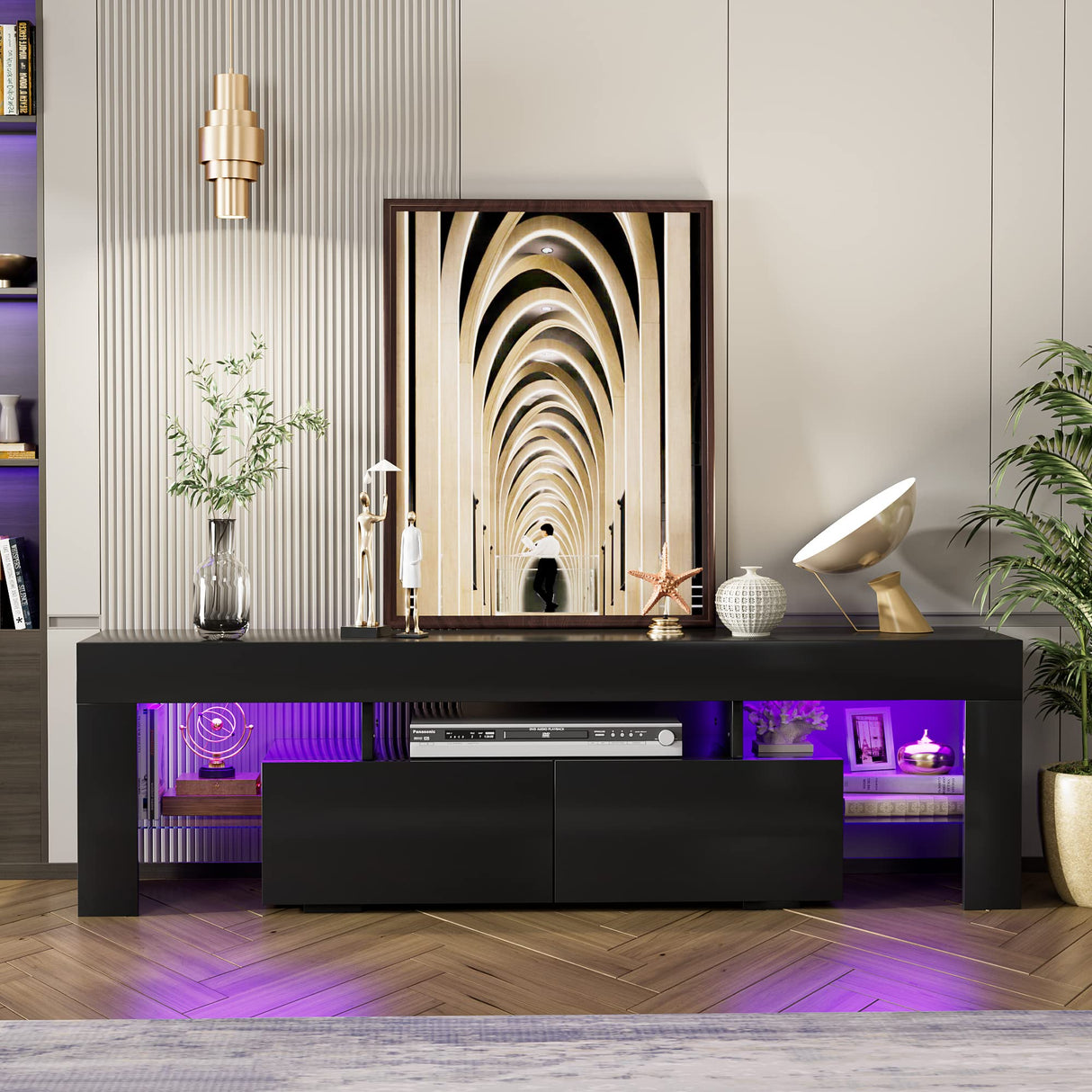 JUMMICO TV Stand with LED Lights, Modern Entertainment Center Media and Open Shelf Console Table Storage Desk with 1 Drawer and Remote Control 20 Color LED Lights up to 70 Inch TV (Black) JUMMICO