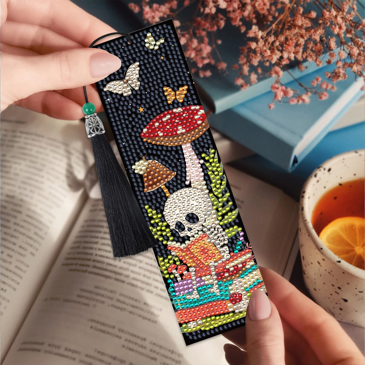 Sitsink Diamond Art Bookmarks Kit - Funny Book Lover Skull Boho Mystic Mushroom Diamond Painting Kits Bookmarks Gem Art Rhinstone DIY Crafts Kit for Adults Sitsink