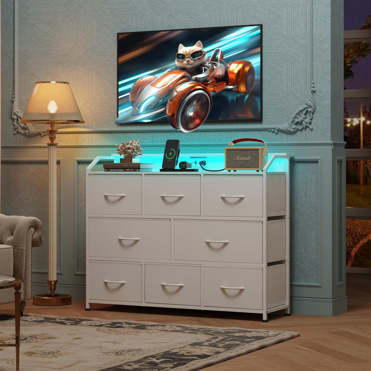 WLIVE Led Dresser for Bedroom, White Dresser TV Stand for Bedroom with LED Lights and Power Outlet, Wide Chest of Drawers for Hallway, 8 Fabric Drawers for Living Room and Entryway, Easy to Assemble WLIVE