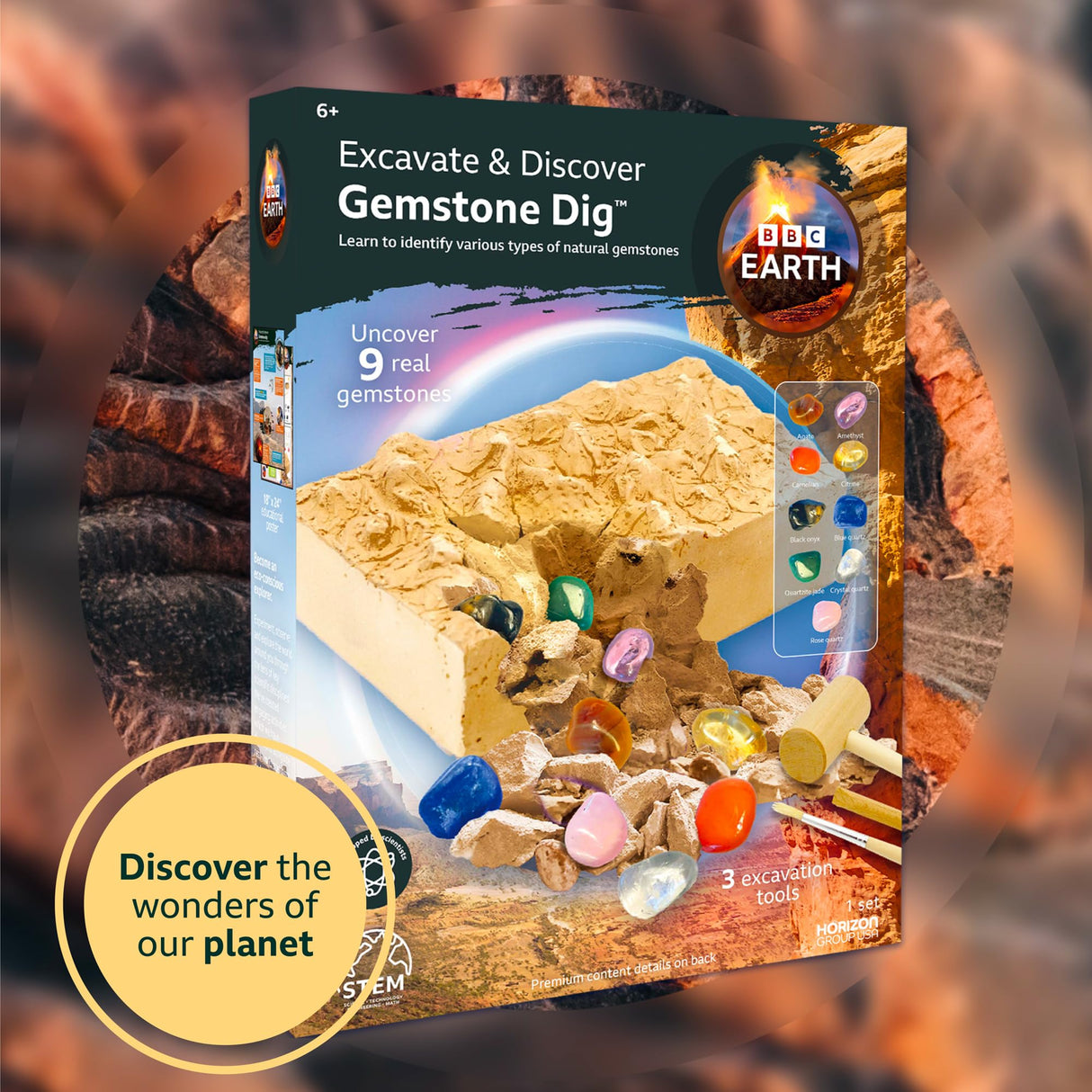 BBC Earth Excavate & Discover Gemstone Dig, Dig Up 9 Real Gemstones & Make Keychains, Rock Digging Excavation Kit, STEM Learning Kit, Kids Science Kit, Great 6 Year Old Boy Birthday Gift, Amazon Kids Horizon Group USA