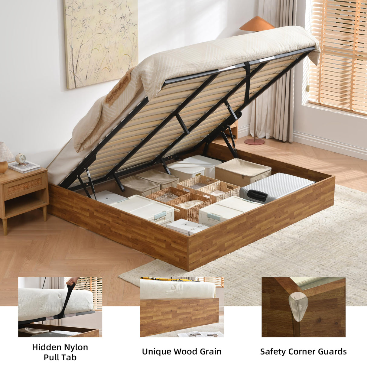 Zanmintaobo King Size Lift Up Storage Platform Bed Frame, Wood Bed Frame with Metal & Slats Support, Wooden Bed Frame Without Headboard, No Box Spring Needed, Easy Assembly, Rustic Brown Zanmintaobo