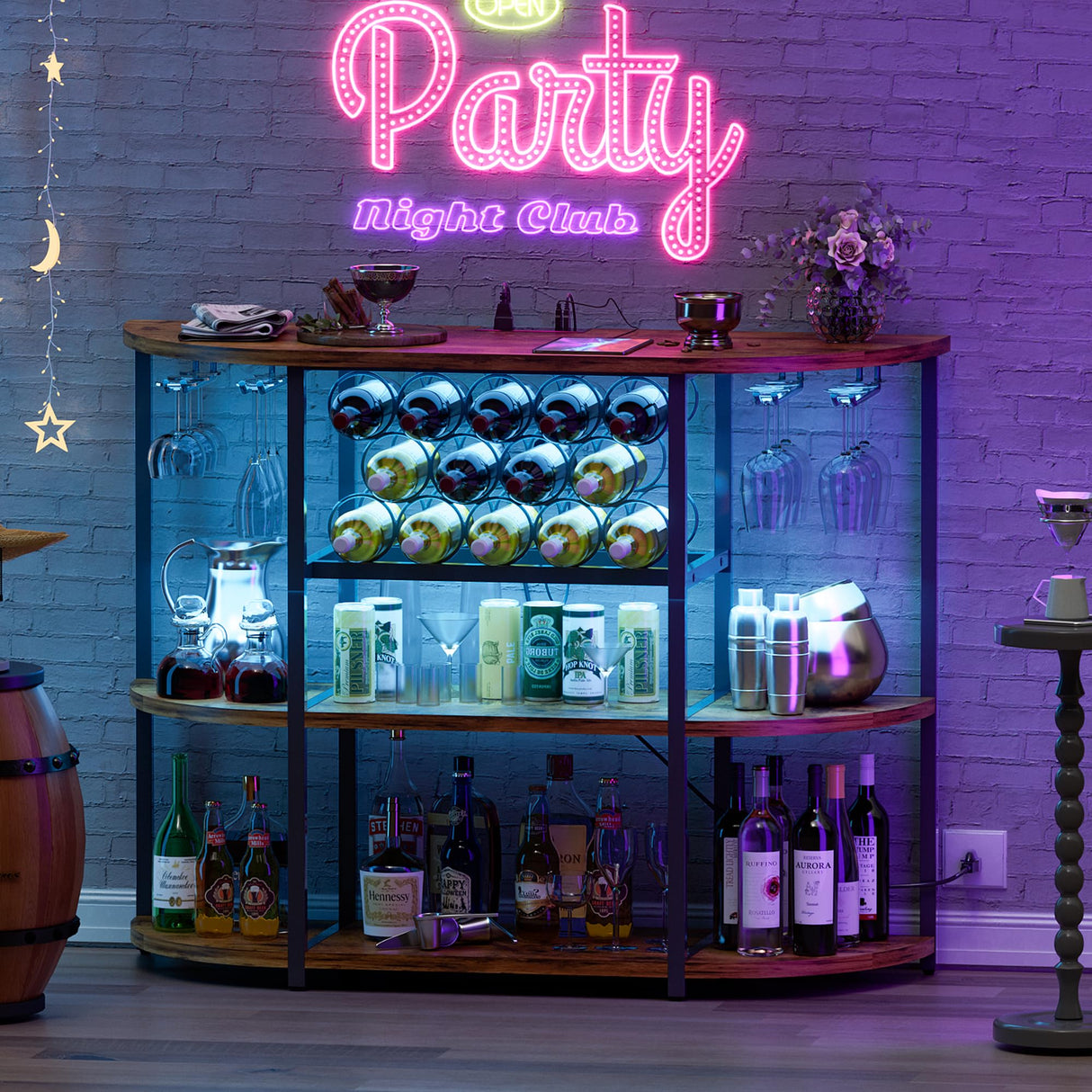 Furmax Wine Bar Cabinet for Liquor Bar Table Bar Cabinet with Lights and Outlet 4-Tier Storage Freestanding Wine Racks with Glass Holder Mini Bars for Home, Bar Furmax