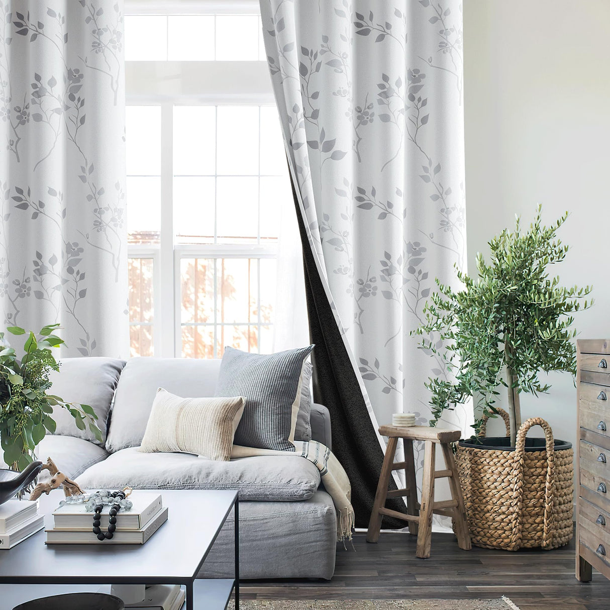 Beauoop Floral 100% Blackout Curtains 84 Inches Long 2 Panels for Bedroom Living Room Grey White Flower Patterned Room Darkening Thermal Insulated Soundproof Grommet Window Treatments Drapes, 52X84 Beauoop