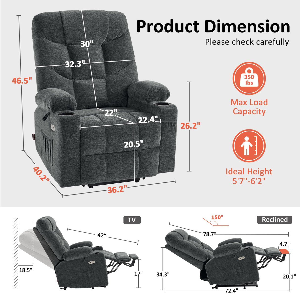 MCombo Power Lift Recliner Chair with Extended Footrest for Elderly People, Fabric 7283 (Dark Gray, Large) MCombo