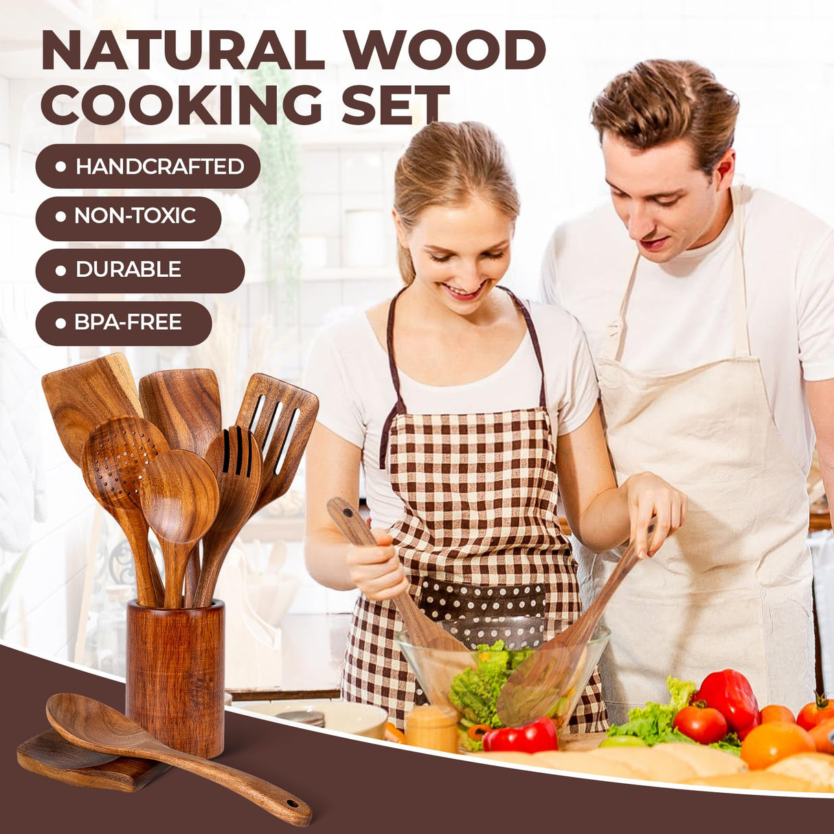 Wooden Spoons for Cooking, Teak Wooden Kitchen Utensil Set for Nonstick Cookware, Durable Wooden Cooking Utensils Set with Holder and Spoon Rest (9 Pcs) AYAWOW