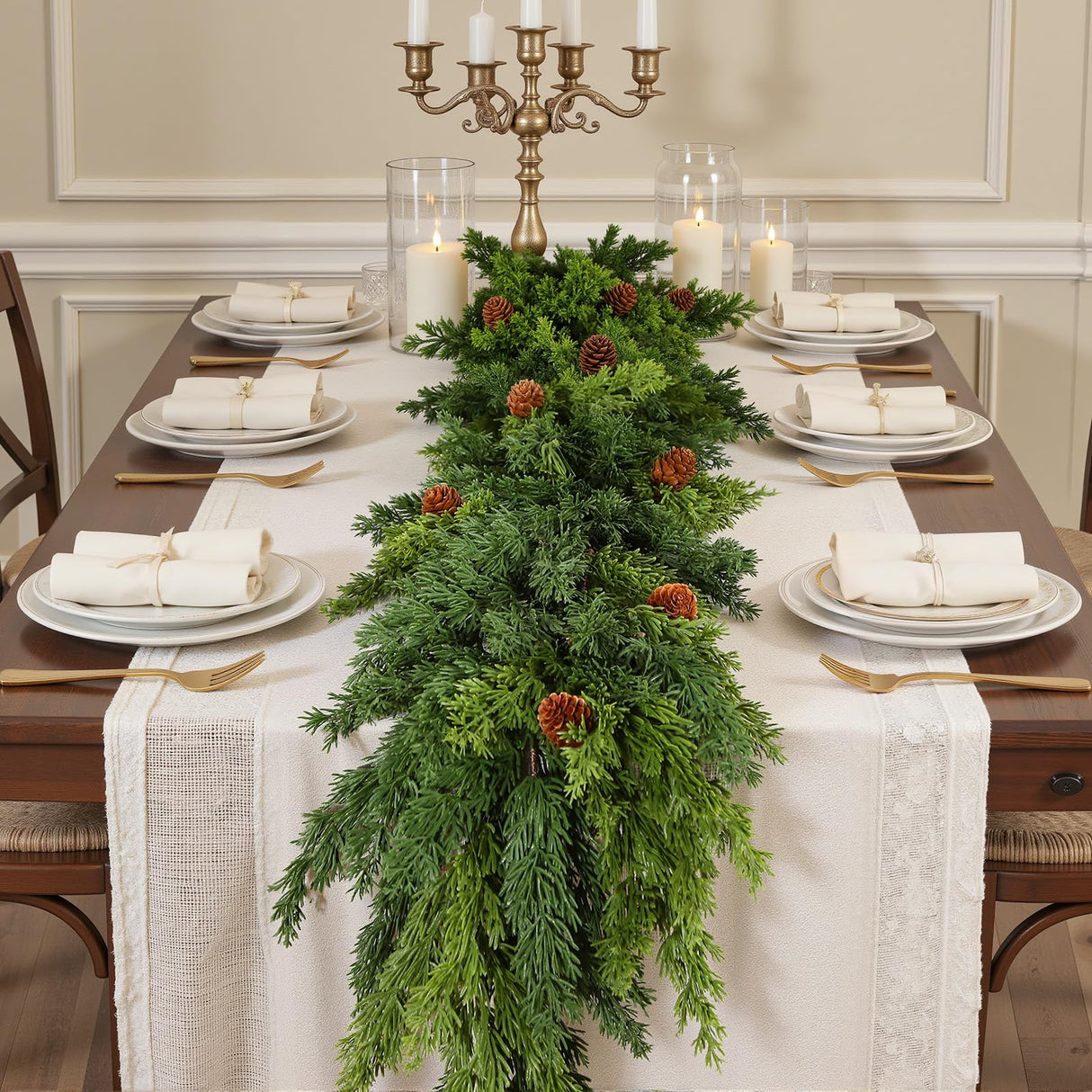 2PCS Christmas Garland, Cedar Garland -Realistic Greenery Cypress Pine Garland with Pinecone for Mantle Table Railing Fireplace Indoor & Outdoor Christmas Decoration Alupssuc