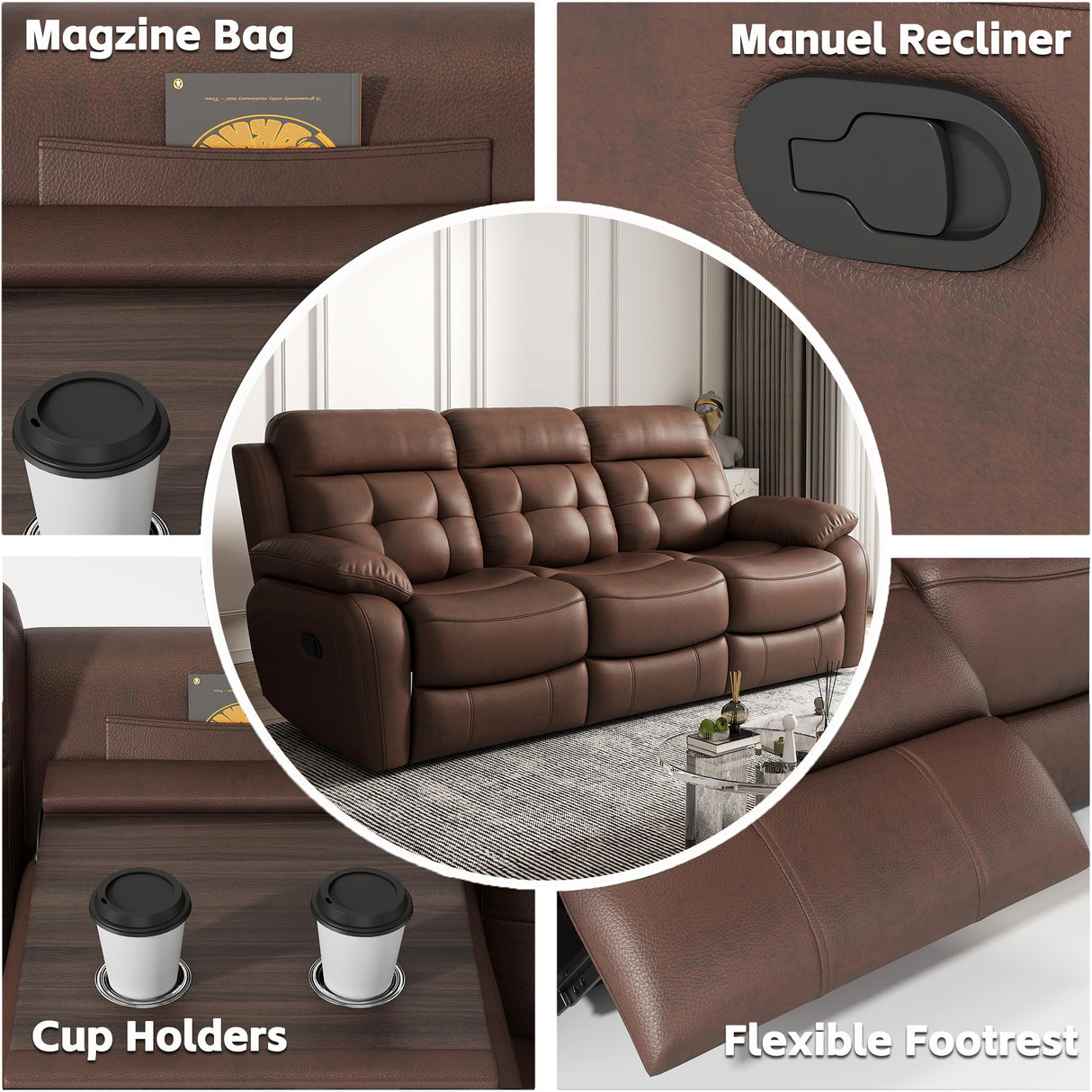 Olodumare Genuine Leather Manual Reclining Sofa with Console, Drop Down Table, Cup Holders and Magazine Bag, 3-Seater Recliner, Mid-Century, for Living Room, Bedroom, Recreation Room-Brown Olodumare