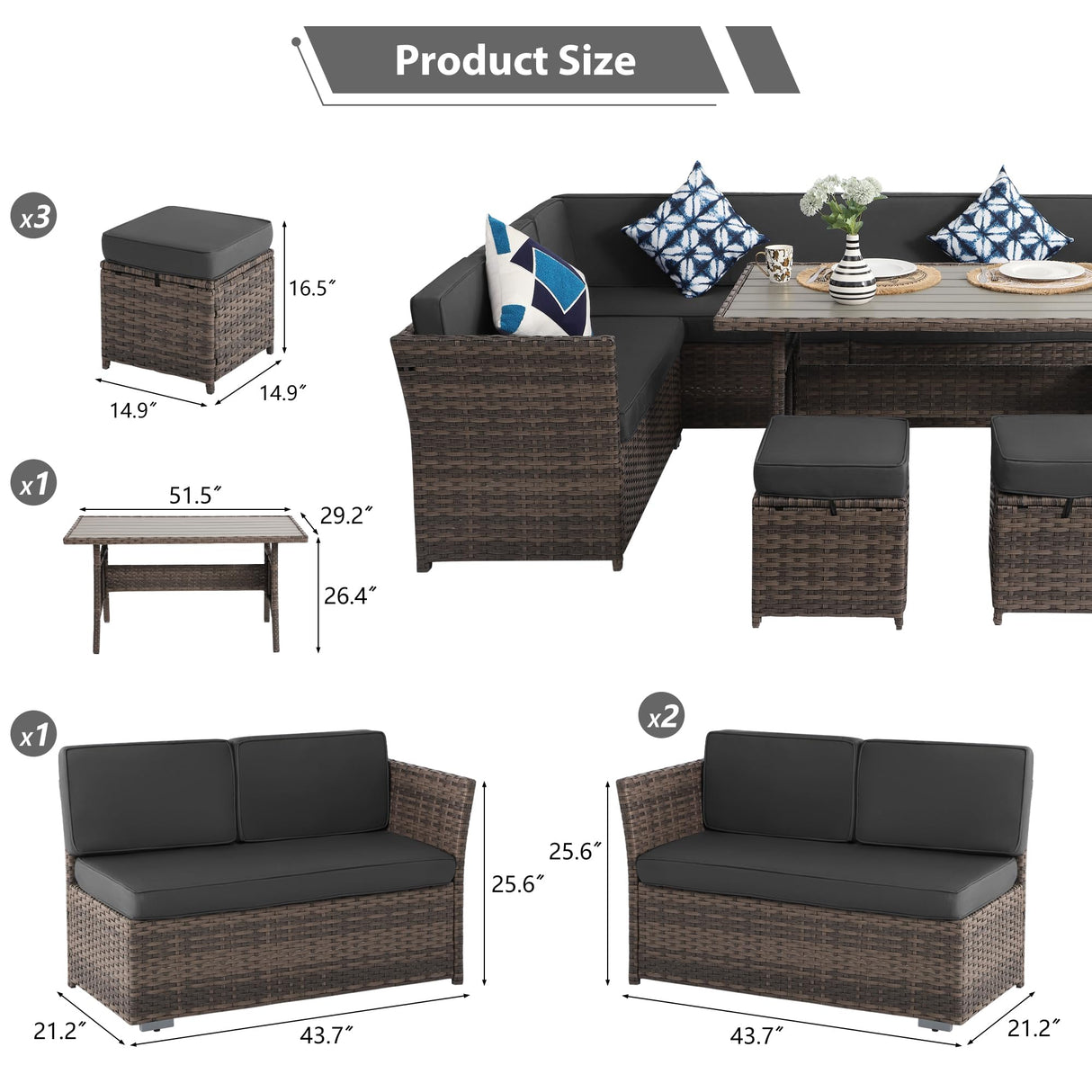 KIGOTY Patio Set 7-Piece Outdoor Dining Set,Patio Table and Chairs Set with Soft Cushions Lawn Furniture for Deck,Backyard, Garden (BR-Grey) KIGOTY