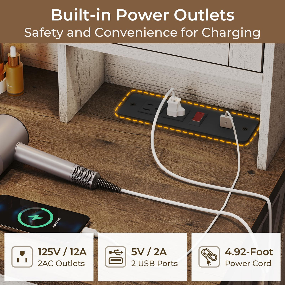 VIAGDO Farmhouse Makeup Vanity Desk with Sliding Door and Lights, Vanity Table with Charging Station & 2 Drawers, Rustic Big Vanity Table with Hooks/Shelves/Hidden Space for Bedroom VIAGDO