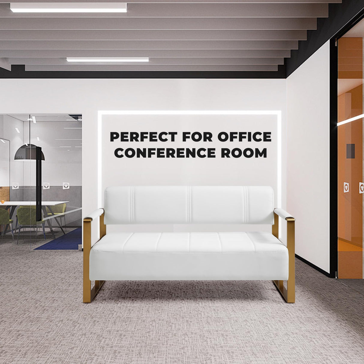 PBOGHLRD 57.9" Modern Leather Loveseat Sofa, Upholstery Faux Bonded Leather Accent Futon Couch with Metal Square Arms for Living Room, Office, Apartment (White) PBOGHLRD